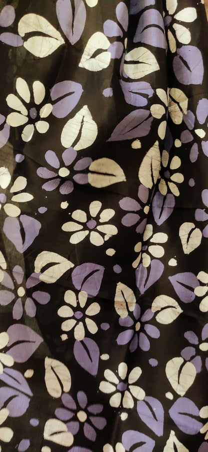 Floral Sandy Blue Hand Batik Pure Silk Saree