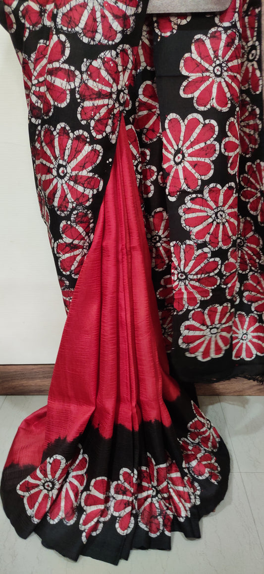 Flowery Red & Black Hand Batik Pure Silk Saree