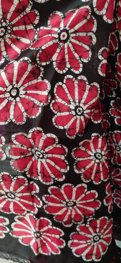 Flowery Red & Black Hand Batik Pure Silk Saree