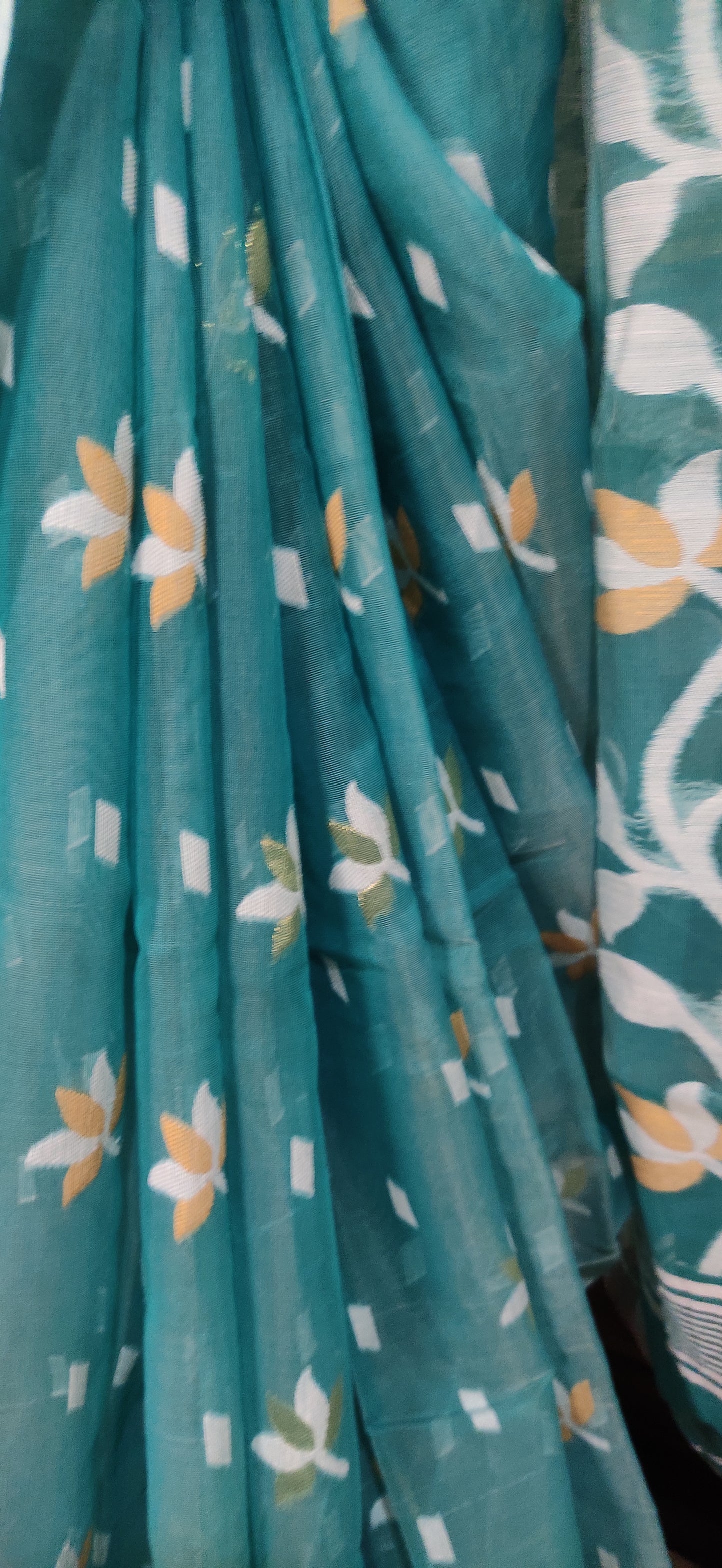 Jamdani Inspired Sage Green Silk Cotton Thread Worked Saree