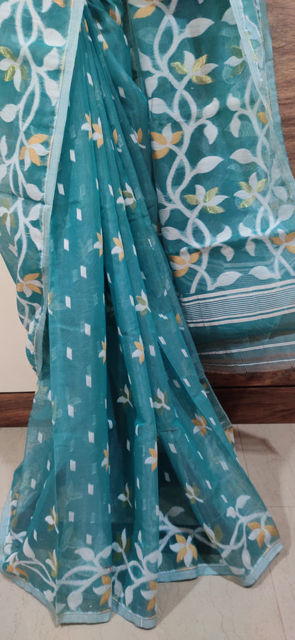 Jamdani Inspired Sage Green Silk Cotton Thread Worked Saree