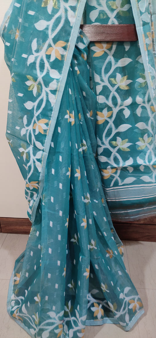 Jamdani Inspired Sage Green Silk Cotton Thread Worked Saree