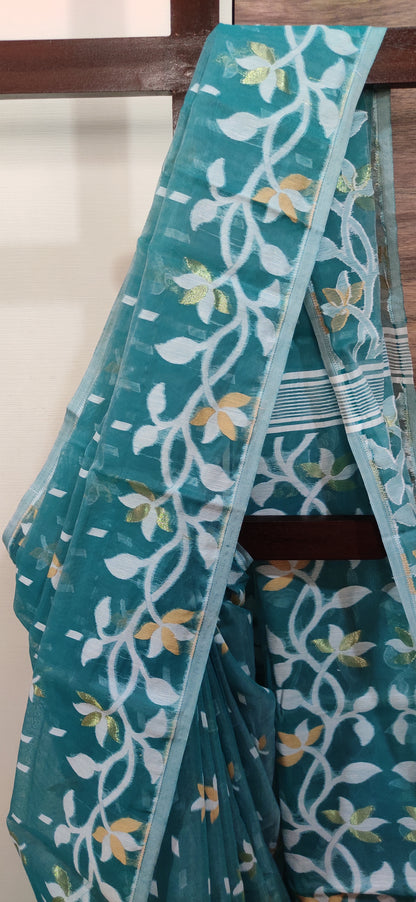 Jamdani Inspired Sage Green Silk Cotton Thread Worked Saree