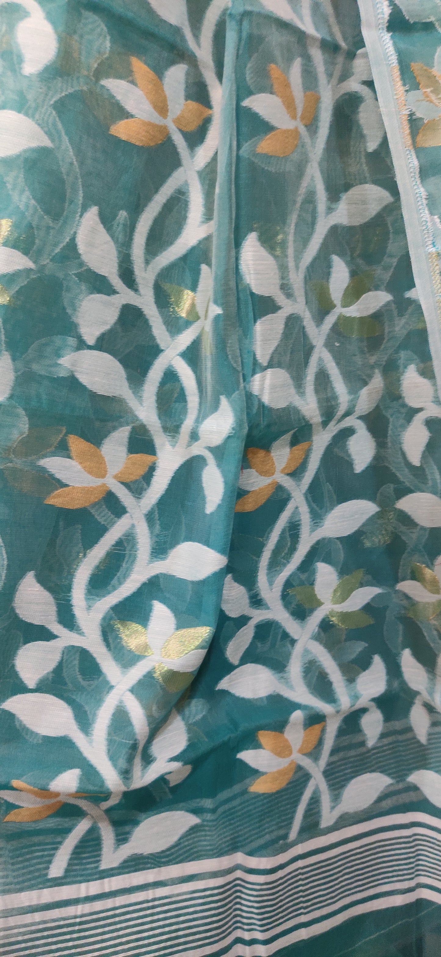 Jamdani Inspired Sage Green Silk Cotton Thread Worked Saree