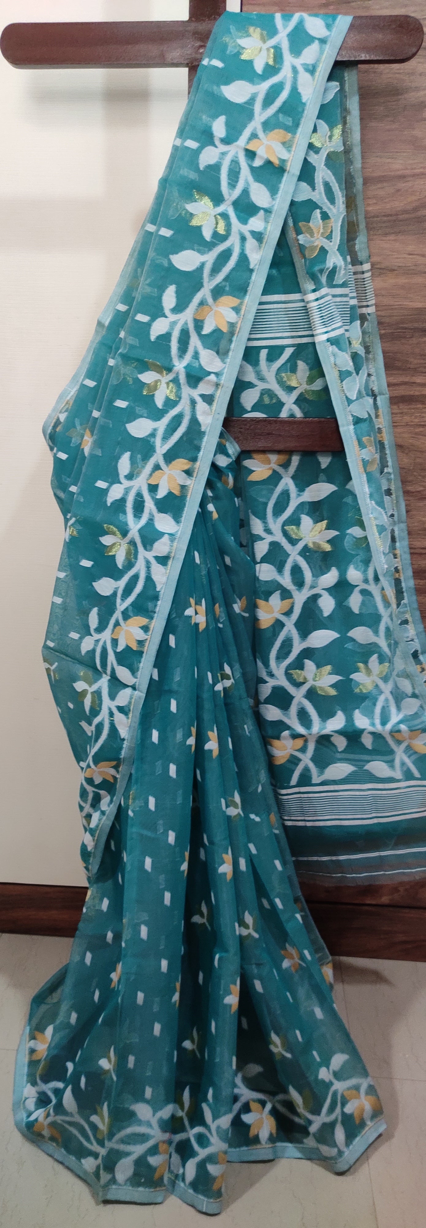 Jamdani Inspired Sage Green Silk Cotton Thread Worked Saree
