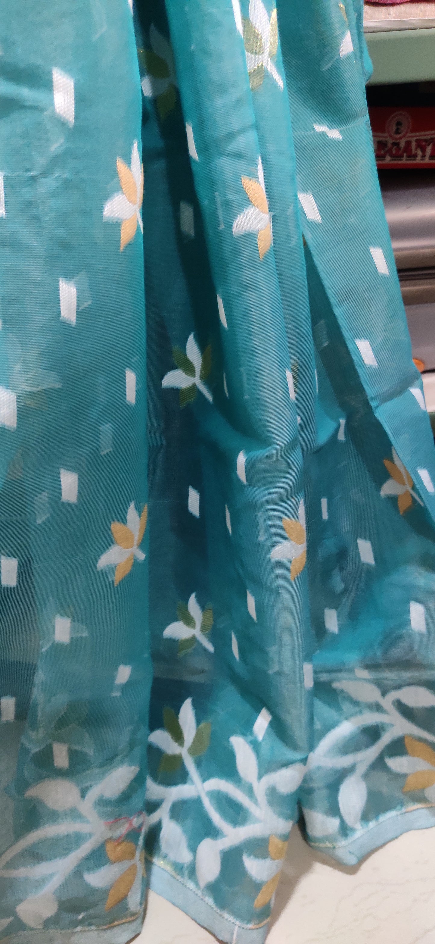 Jamdani Inspired Sage Green Silk Cotton Thread Worked Saree