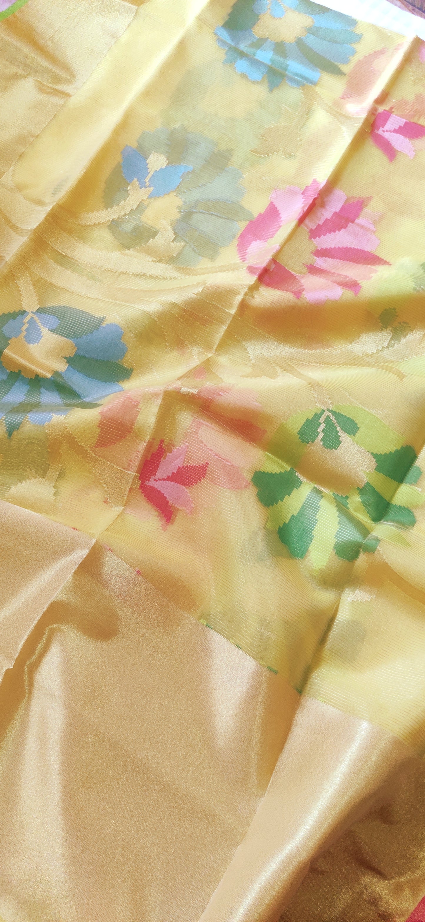 Lime Yellow Organza all over body Thread work done with zari border Saree