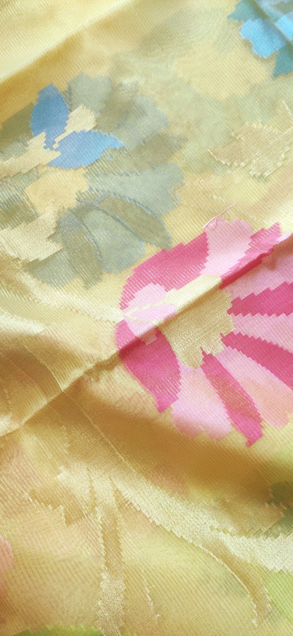 Lime Yellow Organza all over body Thread work done with zari border Saree