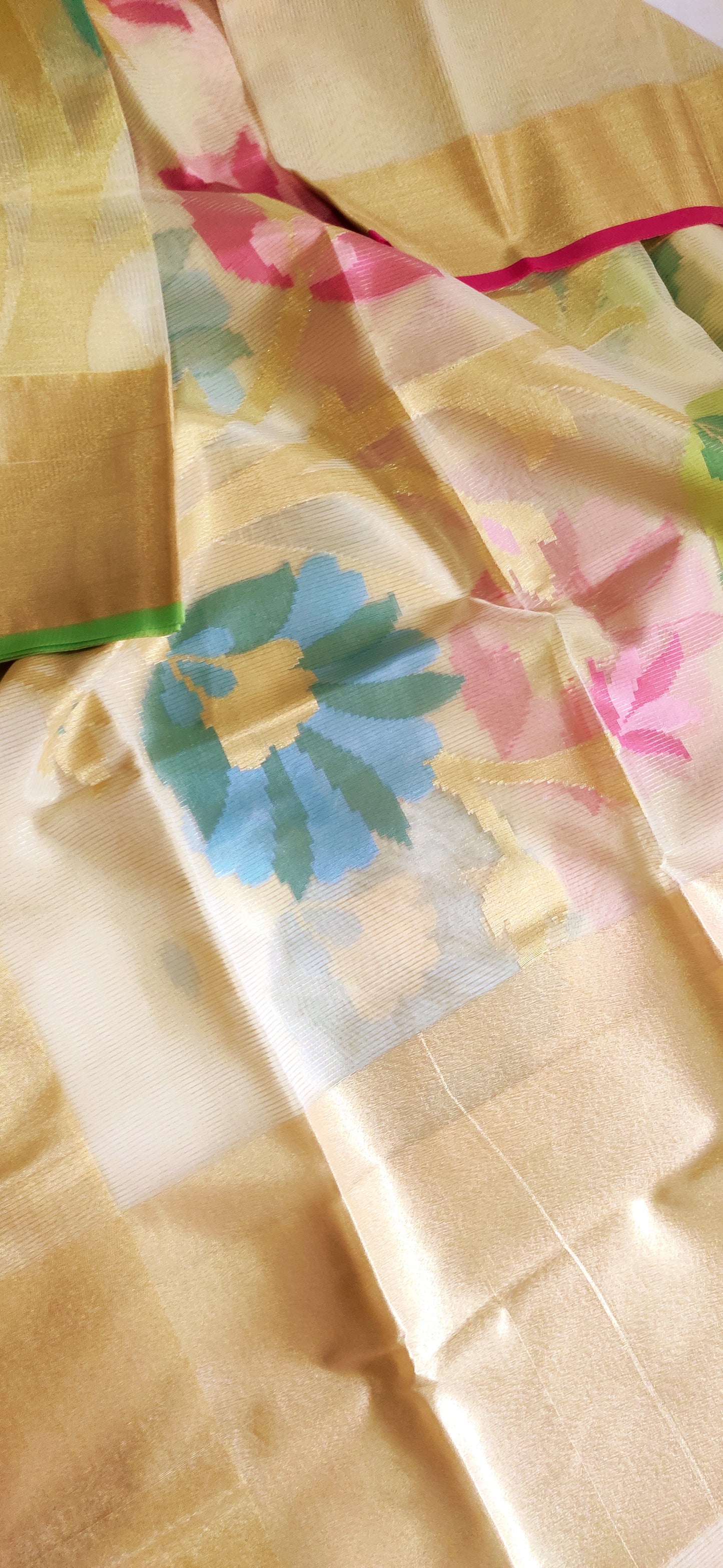Lime Yellow Organza all over body Thread work done with zari border Saree
