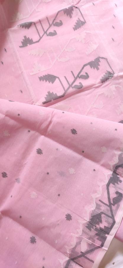 Pink Cotton Bengal Special Tant Weave Jamdani Saree