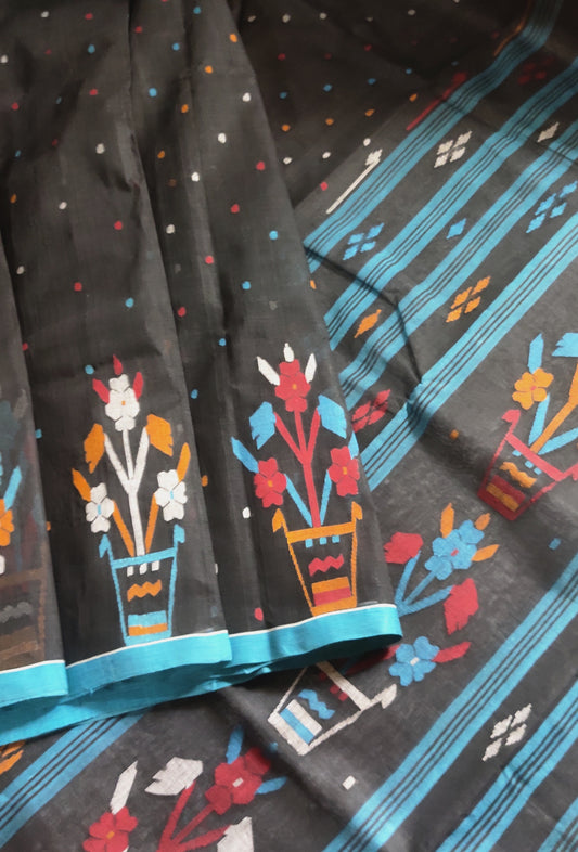 Black Cotton Bengal Special Tant Weave Jamdani Saree