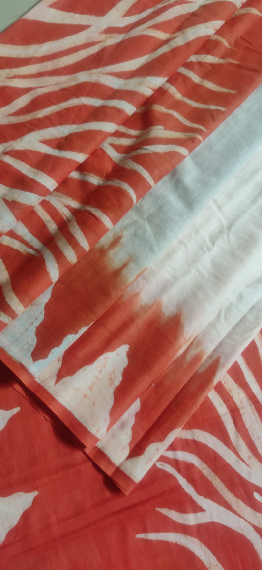Agneya – White-Orange Hand Batik Cotton Saree