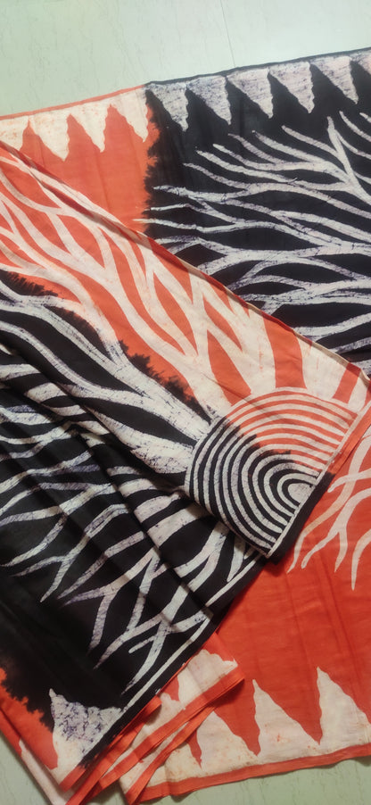 Agneya – White-Orange Hand Batik Cotton Saree