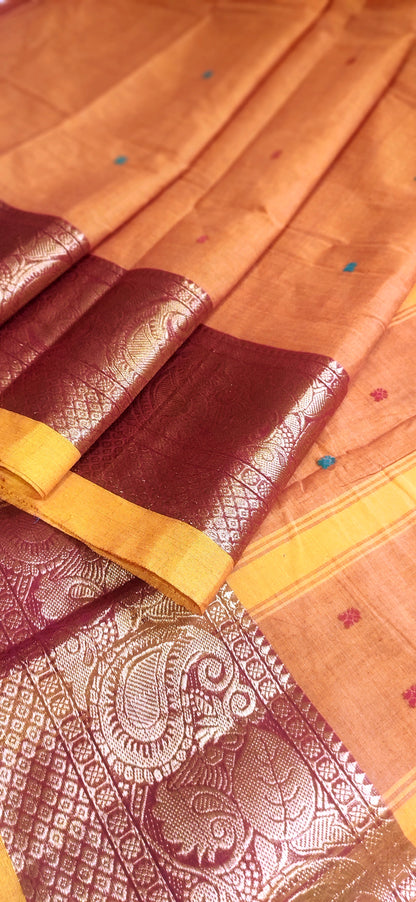 Orangish Yellow Cotton Dual Shaded Kanchipuram broad border with small buttas done all over body Saree