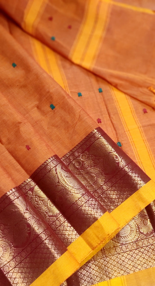 Orangish Yellow Cotton Dual Shaded Kanchipuram broad border with small buttas done all over body Saree