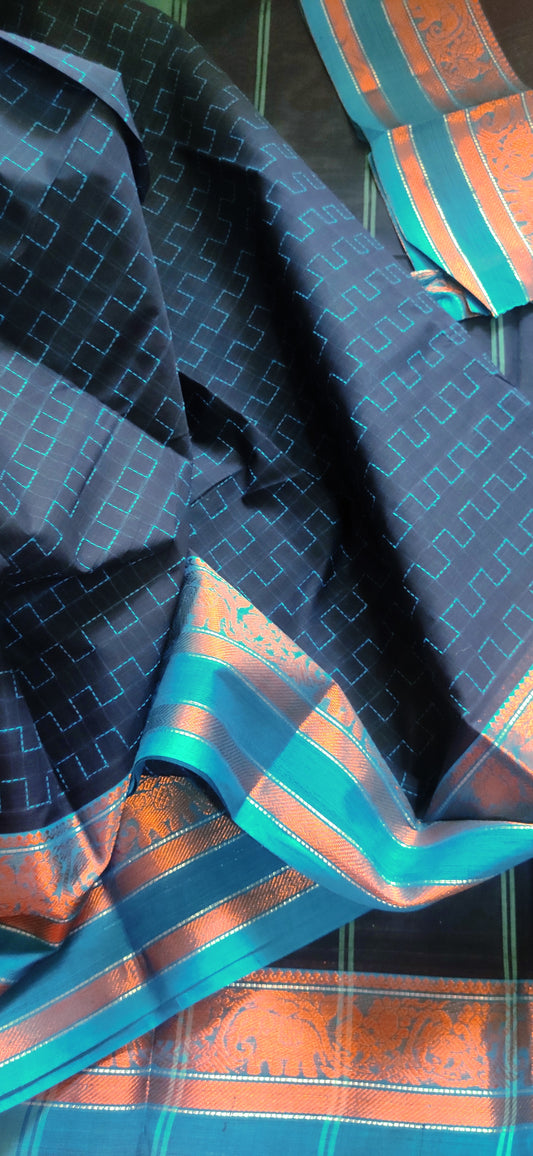 Navy Blue Cotton Kanchipuram traditional border Saree