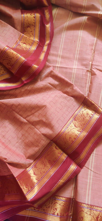 Redish Beige Cotton Dual shaded Kanchipuram traditional border with check & small buttas done all over body Saree