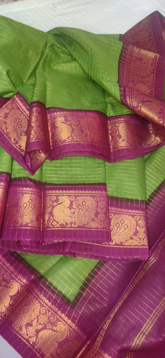 Traditional Bordered Green Cotton Sungudi body check Saree