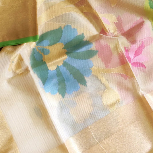 Lime Yellow Organza all over body Thread work done with zari border Saree