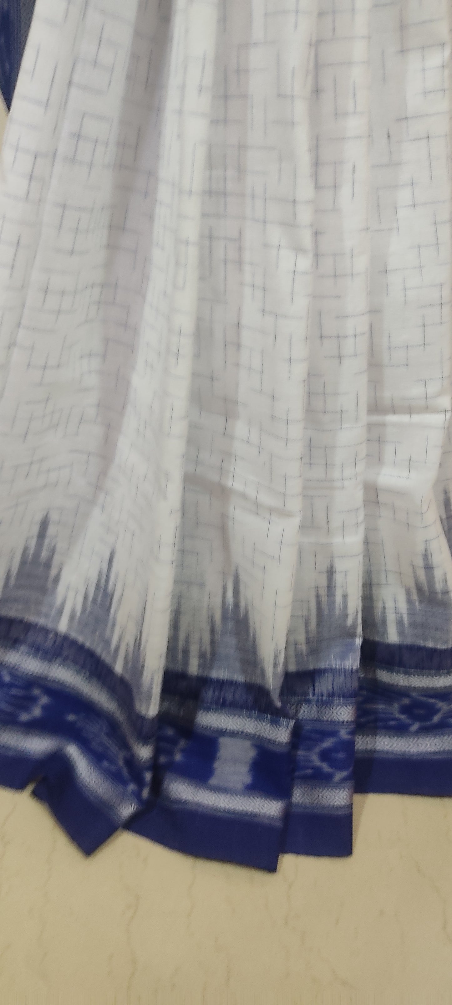 White Cotton handloom ikkat weave blue border sambolpuri Saree