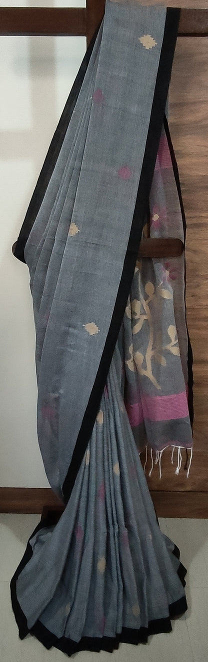 Gray & black handspun Pure Muslin Cotton handloom Jamdani