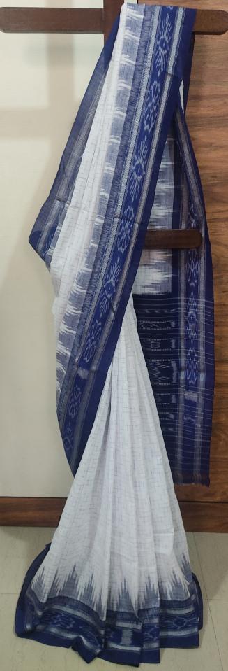 White Cotton handloom ikkat weave blue border sambolpuri Saree