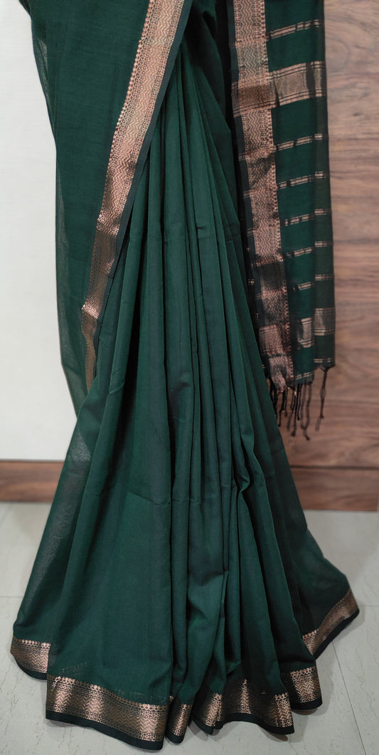 Thin Traditional Zari Border Bottle Green Cotton handloom Saree