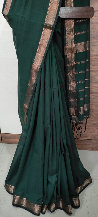 Thin Traditional Zari Border Bottle Green Cotton handloom Saree
