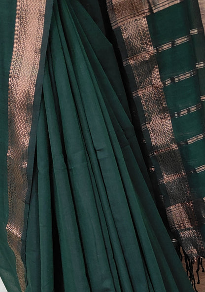 Thin Traditional Zari Border Bottle Green Cotton handloom Saree