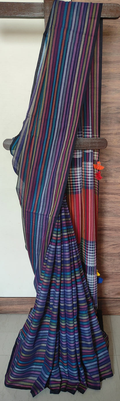 Multicoloured striped Mul Cotton handloom Saree