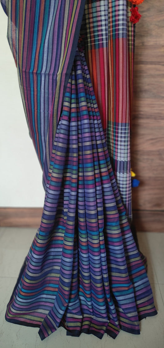 Multicoloured striped Mul Cotton handloom Saree