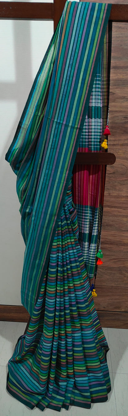 Greenish Multicoloured striped Mul Cotton handloom Saree