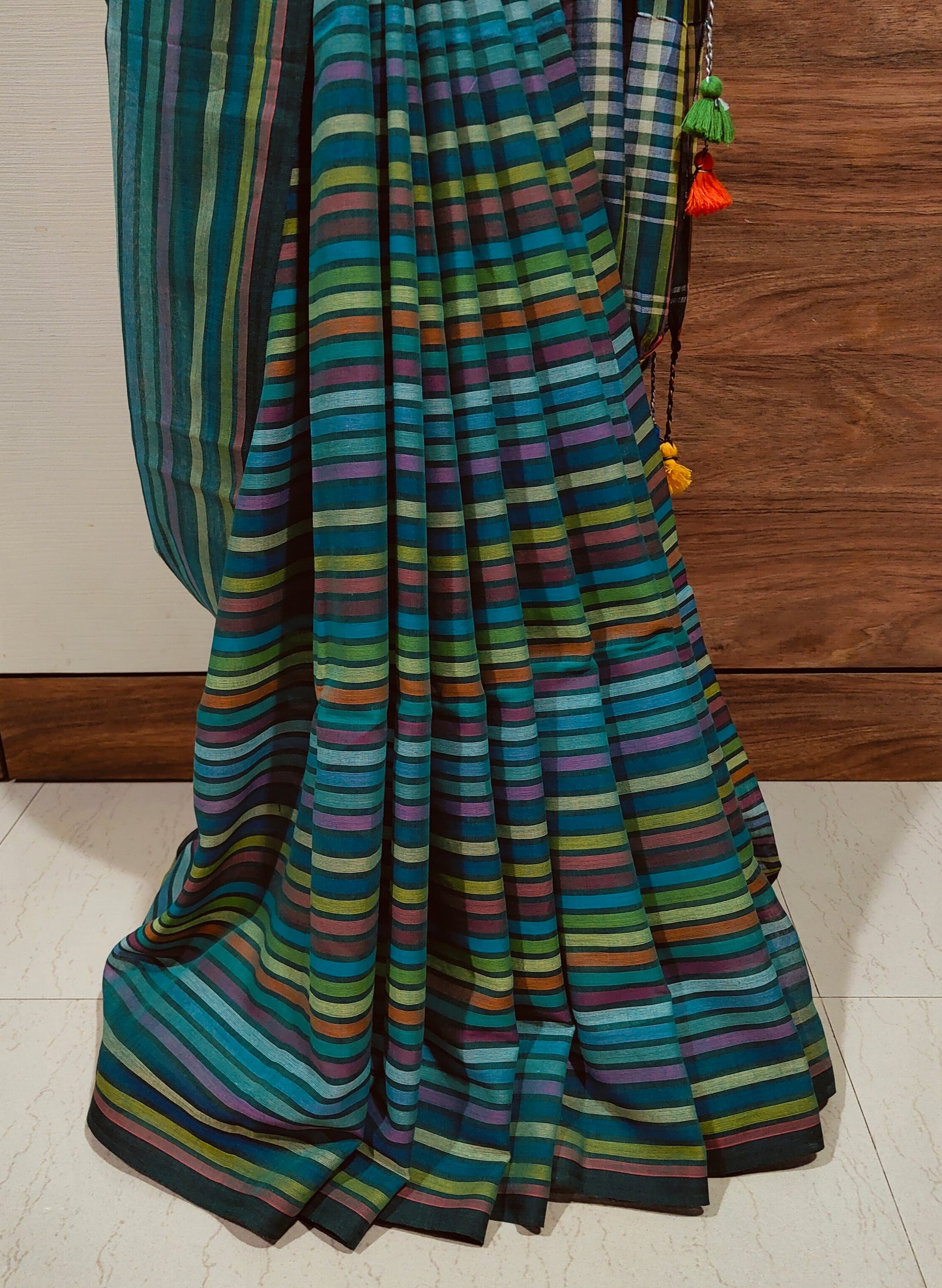 Greenish Multicoloured striped Mul Cotton handloom Saree