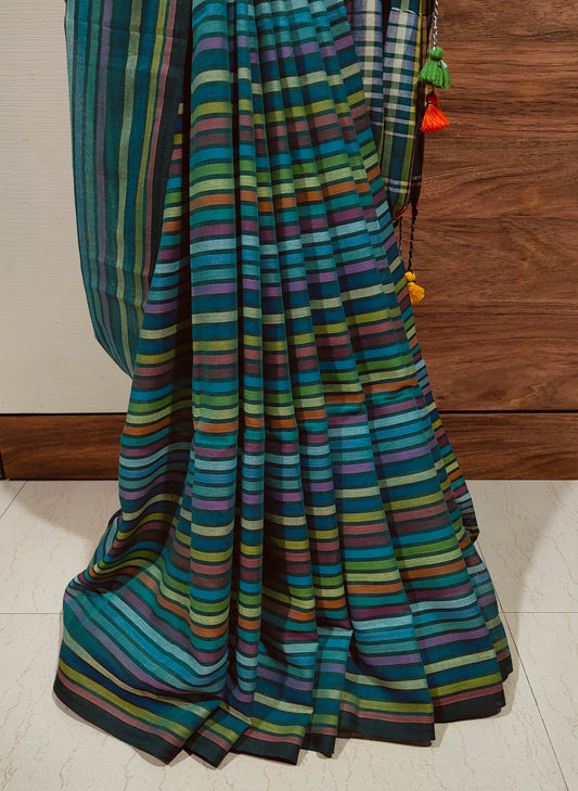 Greenish Multicoloured striped Mul Cotton handloom Saree