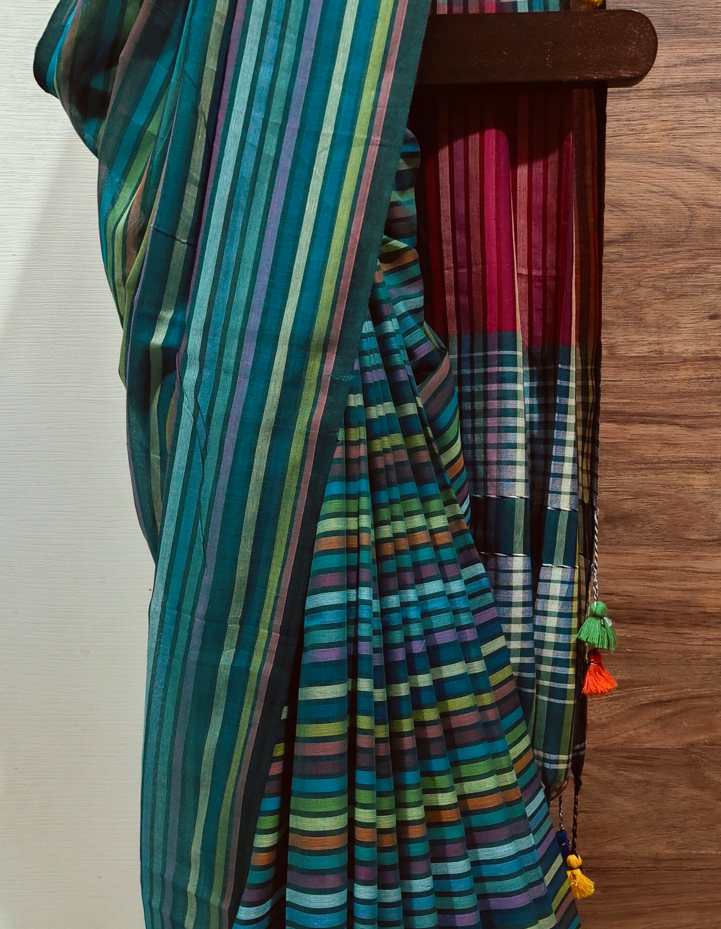 Greenish Multicoloured striped Mul Cotton handloom Saree