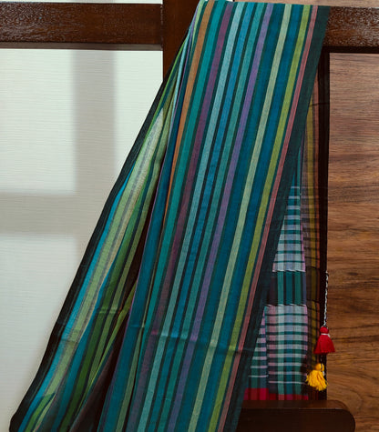 Greenish Multicoloured striped Mul Cotton handloom Saree