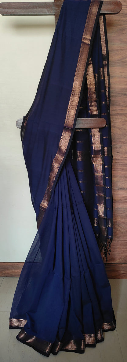 Thin Traditional Zari Border Navy Blue Cotton handloom Saree