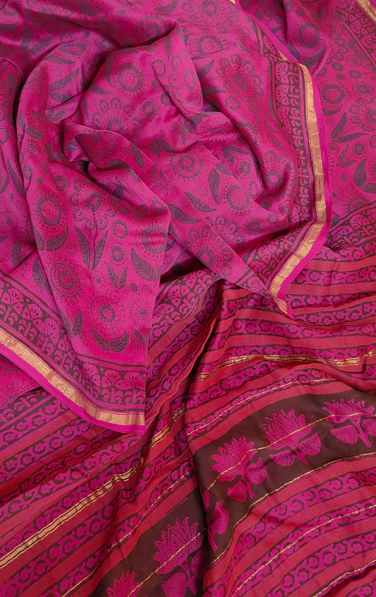 Rani Pink Chanderi Silk Cotton Hand Block Printed  Saree