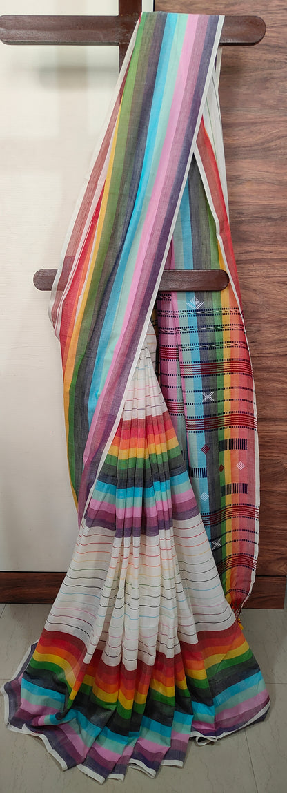 White Cotton nulticolor stripped Threaded bhujuri style Jamdani work done Saree