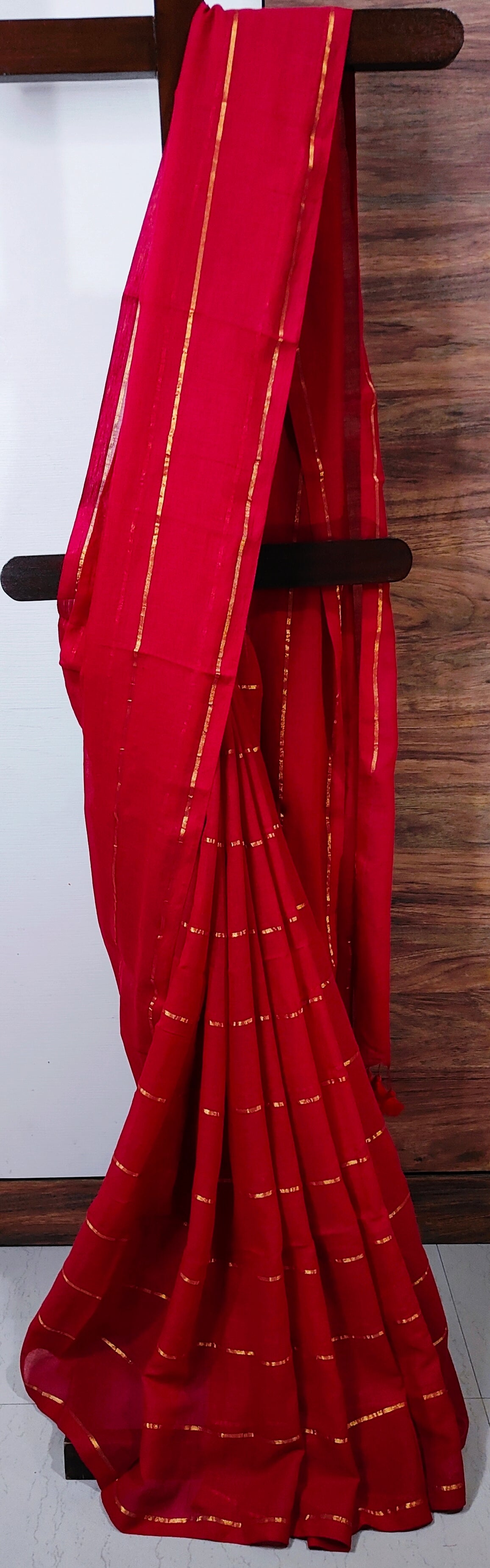 Red Mul Cotton single color zari stripped Saree