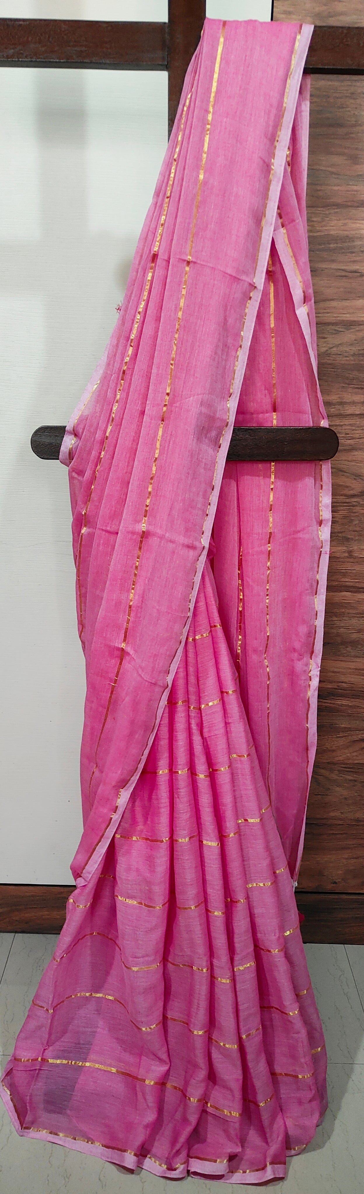 Pink Mul Cotton single color zari stripped Saree