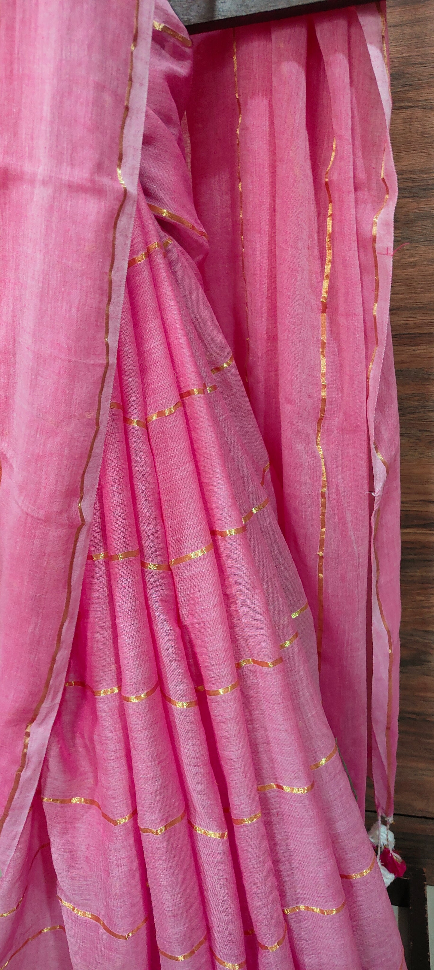 Pink Mul Cotton single color zari stripped Saree
