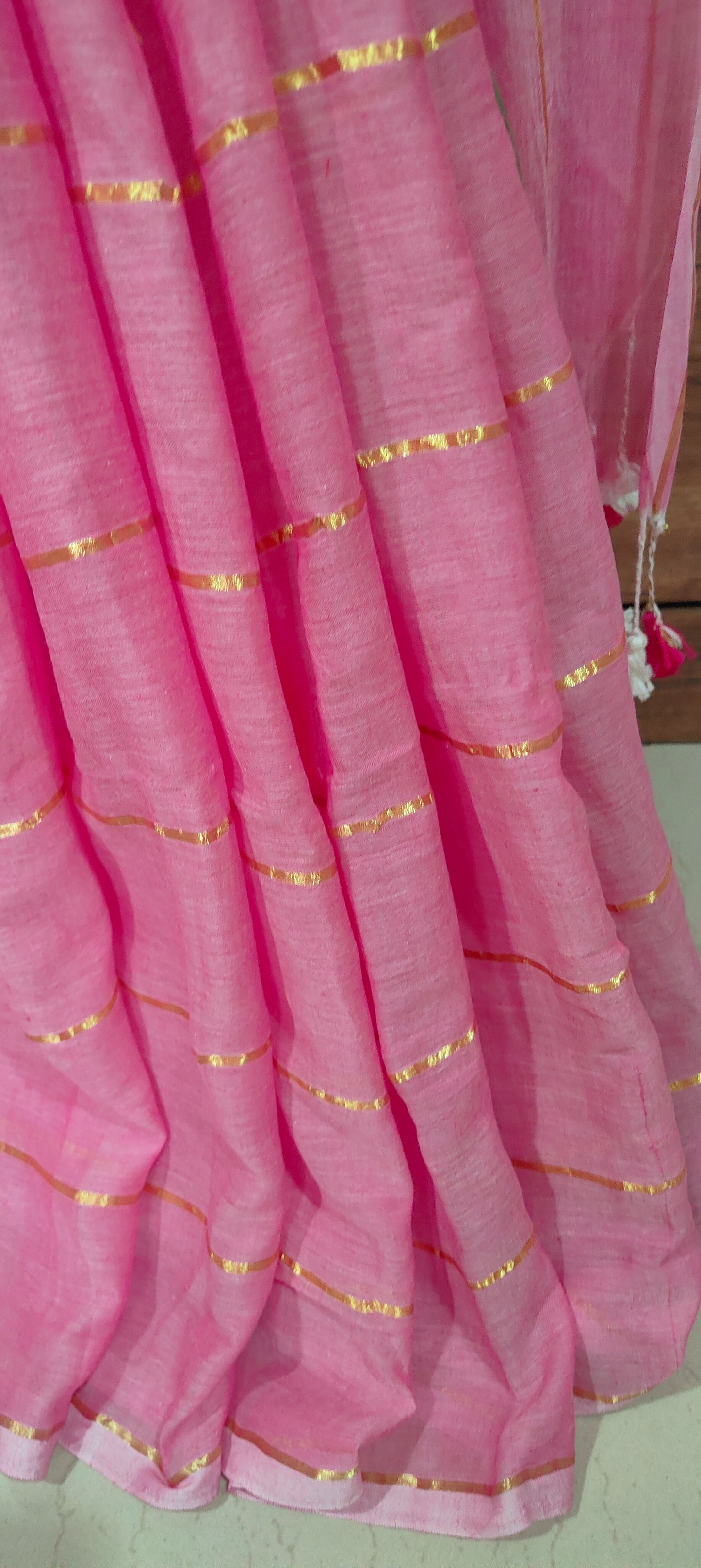 Pink Mul Cotton single color zari stripped Saree