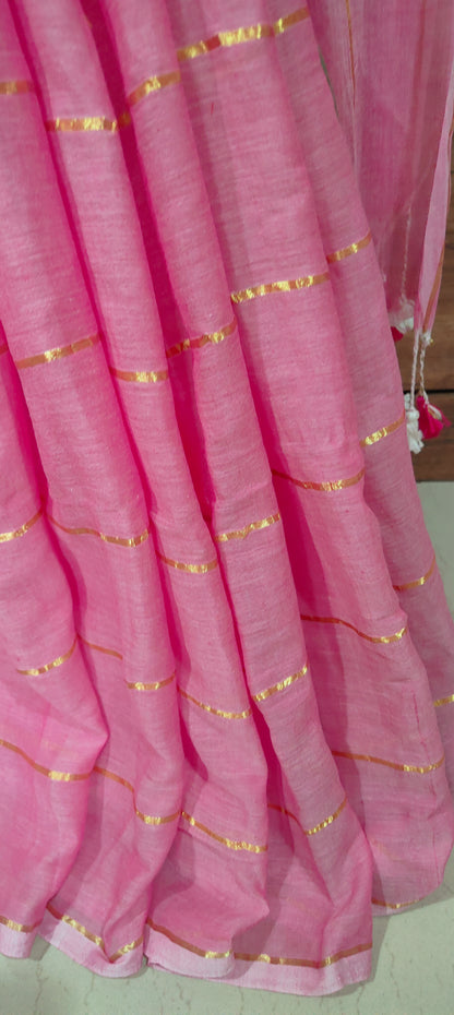 Pink Mul Cotton single color zari stripped Saree