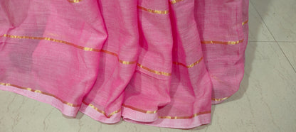Pink Mul Cotton single color zari stripped Saree
