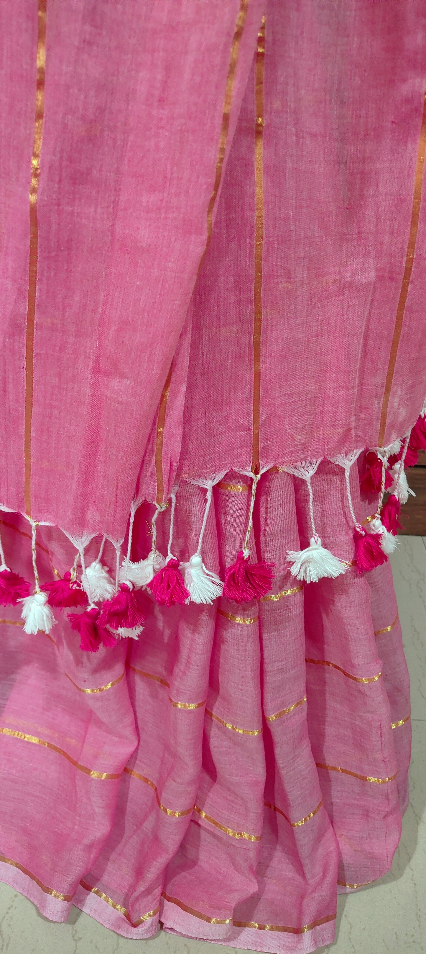 Pink Mul Cotton single color zari stripped Saree
