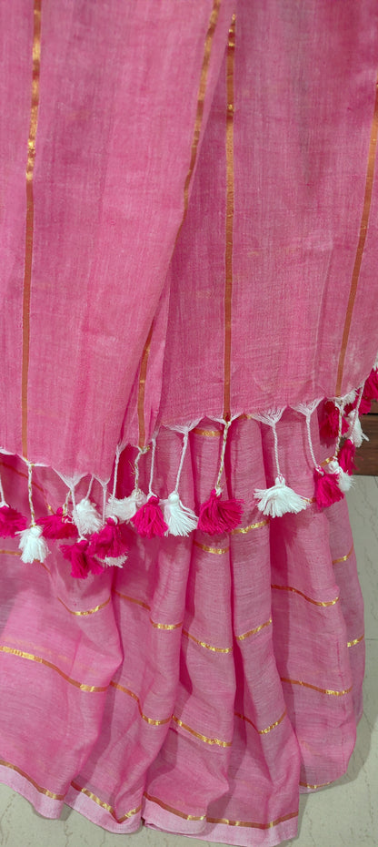 Pink Mul Cotton single color zari stripped Saree