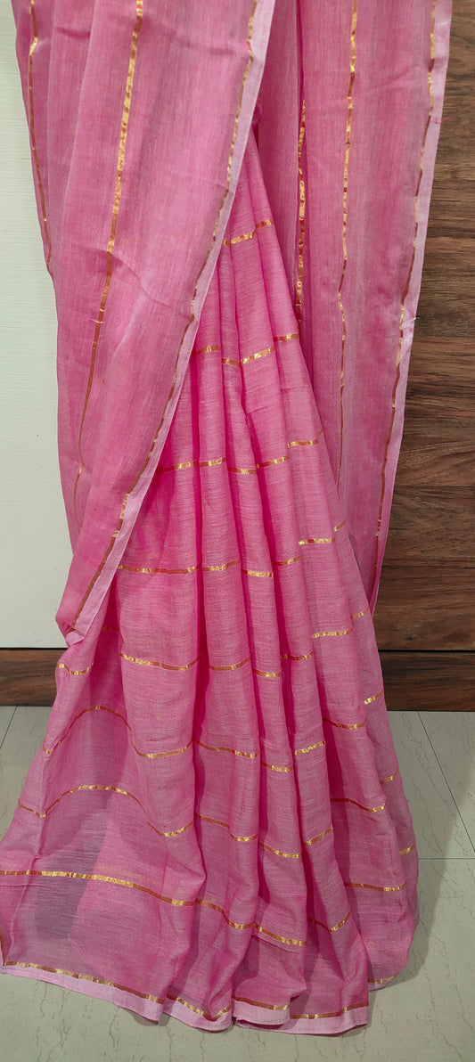 Pink Mul Cotton single color zari stripped Saree