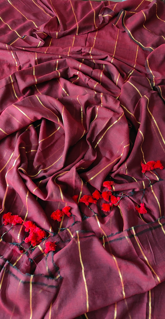 Maroon Mul Cotton single color zari stripped Saree