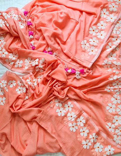 Chitrika – Peach Pink Hand Painted Mul Cotton Saree